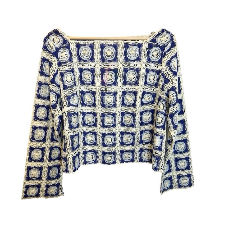 Chelsea & Violet Bonnie Square Neck Crochet Top L Blue Cream Long Sleeve Boho - Picture 2 of 9